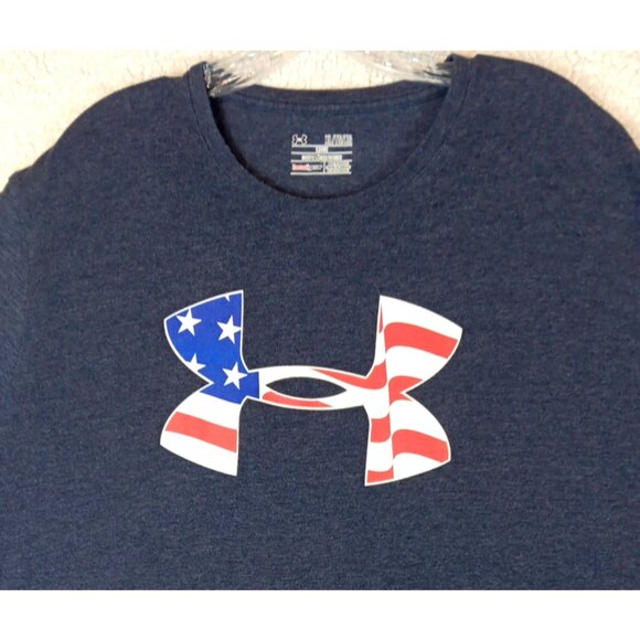 Under Armour T Shirt Mens XL Blue Loose HeatGear Sports AMERICAN FLAG Logo - Picture 2 of 11